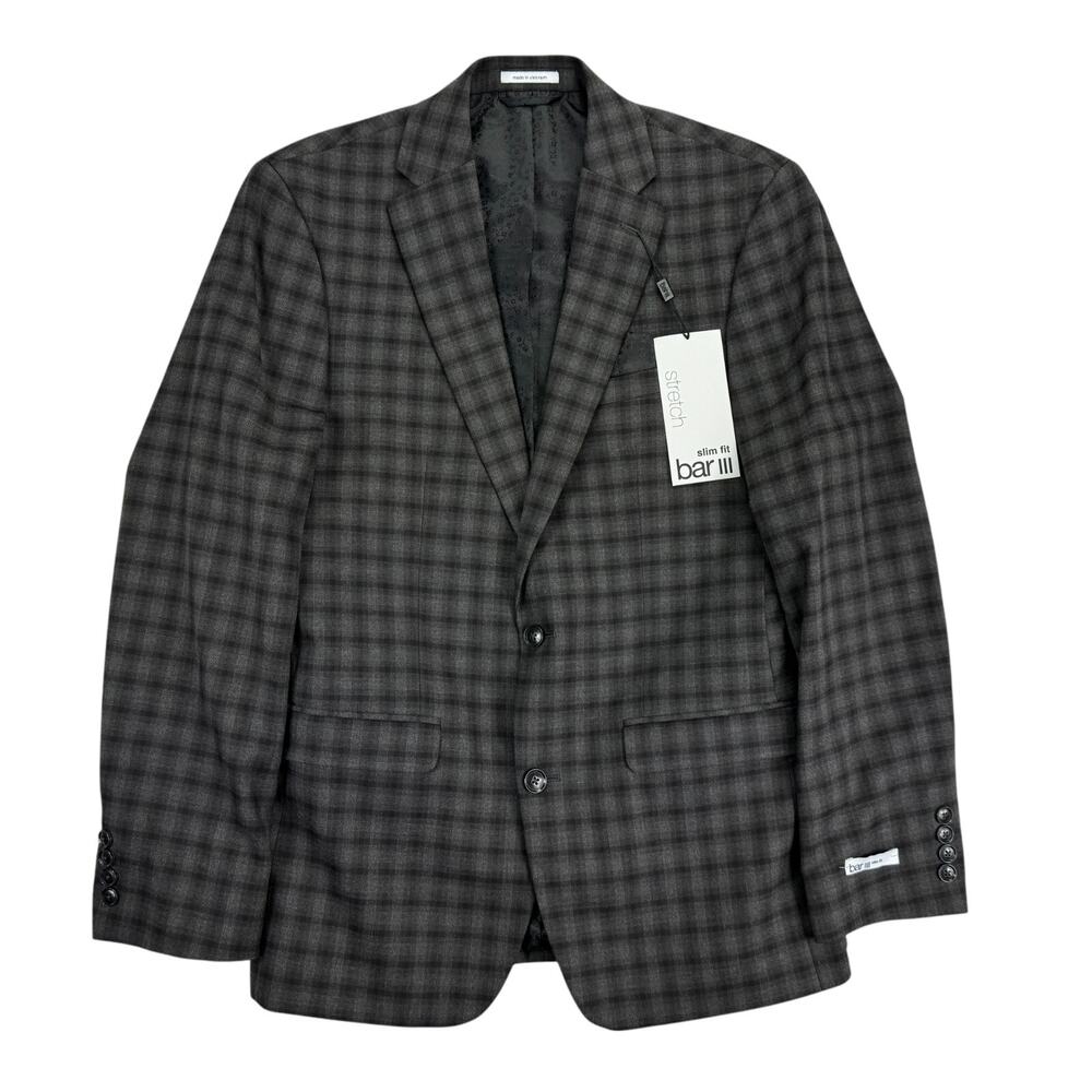 Bar III Mens Slim Fit Check Plaid Stretch Suit Jacket Gray Brown 38R